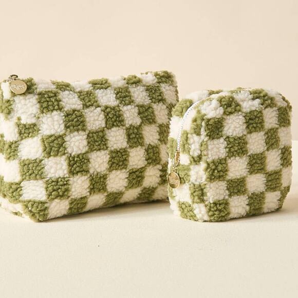 Sherpa Teddy Travel Cosmetic Pouch Check Green White - Picture 6 of 6